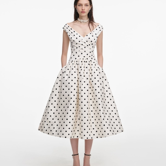 Self-Portrait Dresses & Skirts - Self-Portrait Cream Polka Dot Cotton Midi Dress